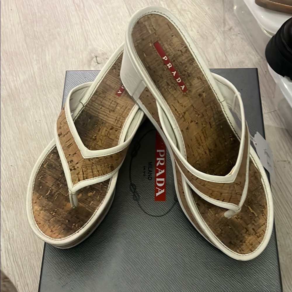 Prada Tan and White Sporty Sandals Cork